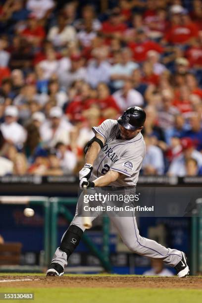 Jason Giambi of the Colorado Rockies swings at a pitch during the game against the Philadelphia Phillies at Citizens Bank Park on September 7, 2012...