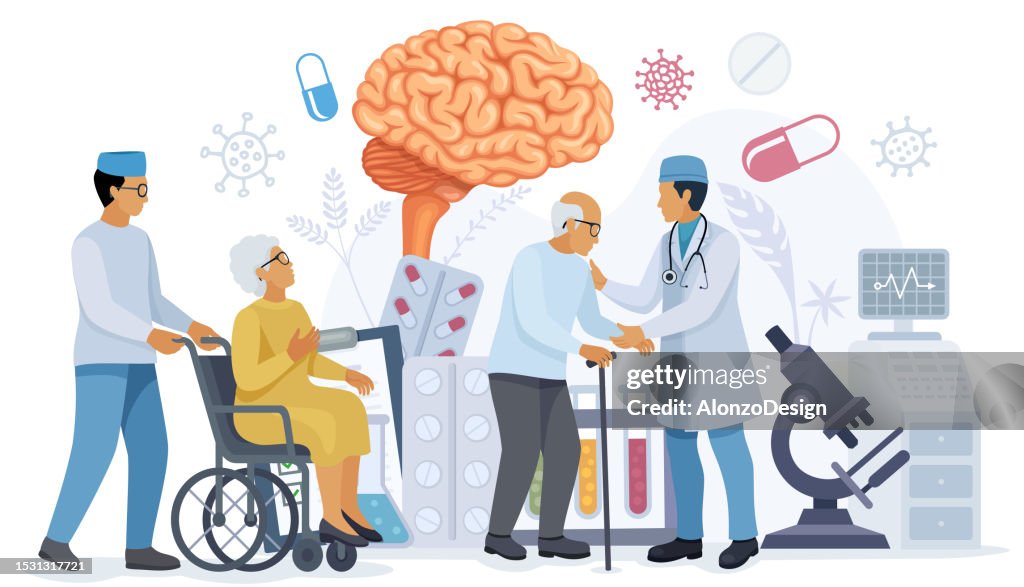 Doctor helping elder patients with Alzheimer disease.