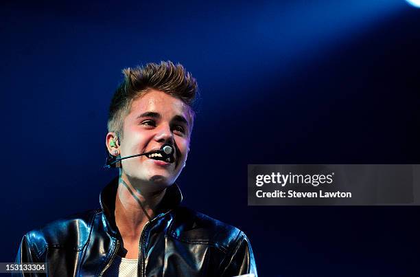 Singer Justin Bieber performs at the MGM Grand Garden Arena as he tours in support of his new album, 'Believe' on September 30, 2012 in Las Vegas,...