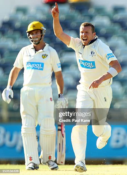 Peter Siddle of the Bushrangers celebrates the wicket of Marcus North of the Warriors during day two of the Sheffield Shield match between the...