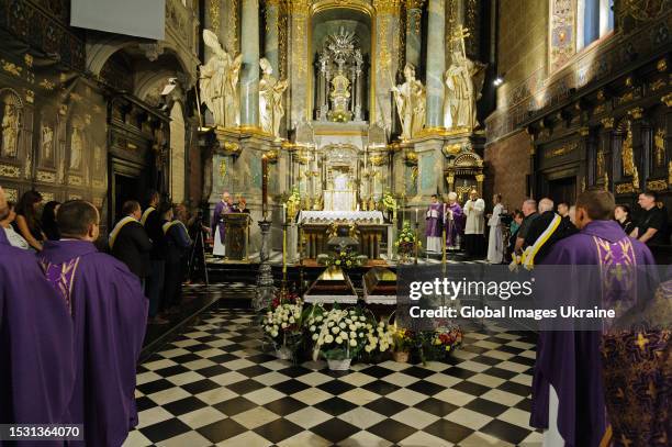 Funeral ceremony for the late Myroslava Sadova and Anastasia Seniv is held at the Latin Cathedral on July 8, 2023 in Lviv, Ukraine. Sadova and her...
