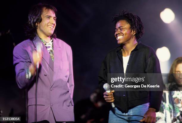 American singer Tracy Chapman and Peter Gabriel performing at a concert held to celebrate the release of African National Congress leader Nelson...