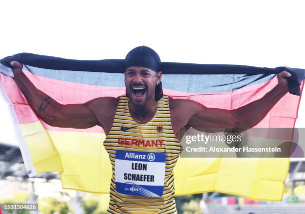 Leon Schaefer of Germany celebrates victory after winning the Men's Long Jump T63 during day three of the Para Athletics World Championships Paris...