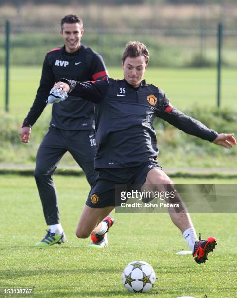 Jonny Evans of Manchester United in action during a first team training session, ahead of their UEFA Champions League match against Cluj, at...