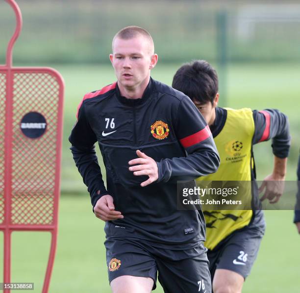 Ryan Tunnicliffe of Manchester United in action during a first team training session, ahead of their UEFA Champions League match against Cluj, at...