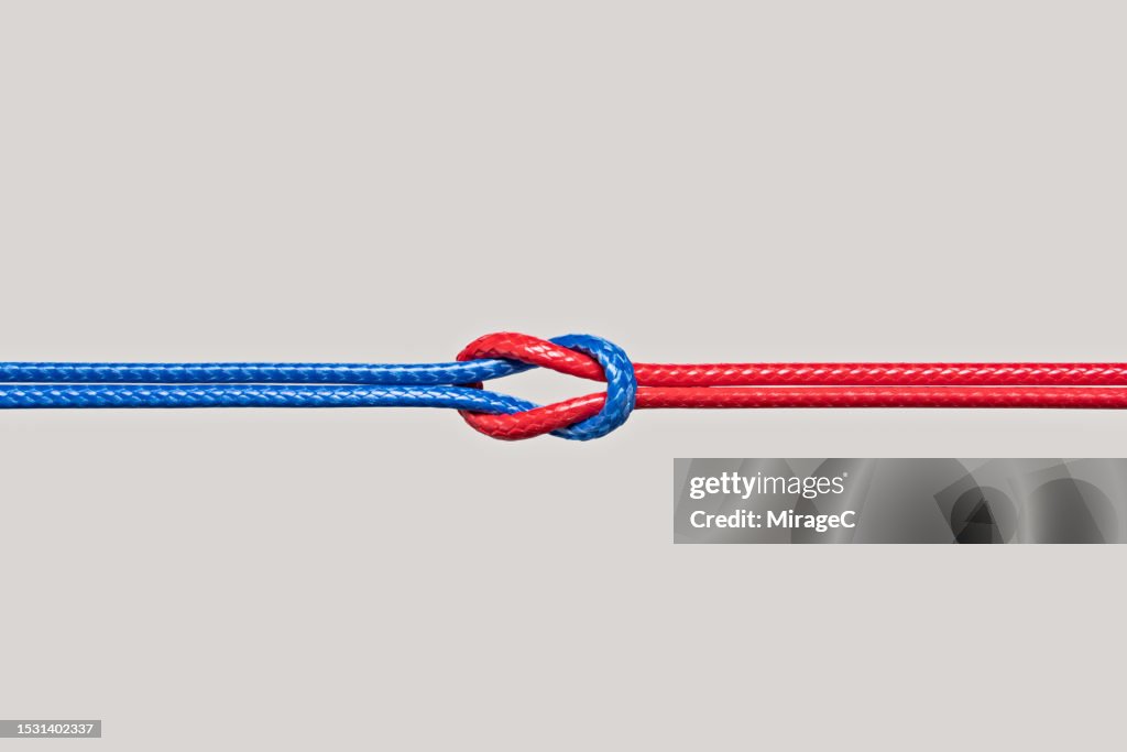Blue and Red Ropes Knotted Connection by Reef Knot