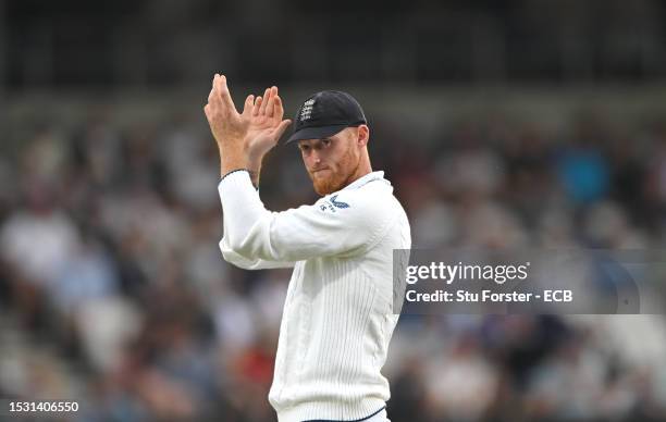 England captain Ben Stokes applauds during day three of the LV= Insurance Ashes 3rd Test Match between England and Australia at Headingley on July...