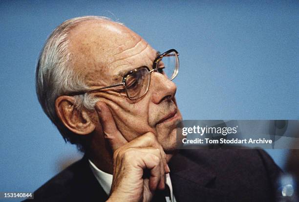 British businessman Denis Thatcher , husband of Prime Minister Margaret Thatcher, at the Conservative Party Conference, 1990.