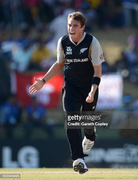 Tim Southee of New Zealand celebrates dismissing Chris Gayle of the West Indies during the ICC World Twenty20 2012 Super Eights Group 1 match between...