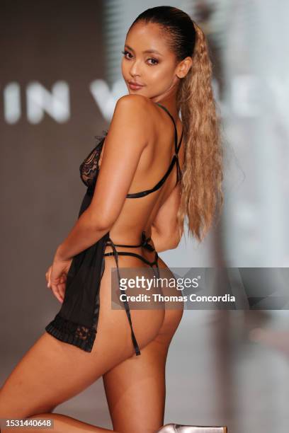 Model walks the runway for Alvin Valley during Miami Swim Week The Shows at SLS South Beach on July 09, 2023 in Miami Beach, Florida.