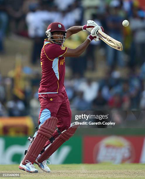 Samuel Badree of the West Indies bats during the ICC World Twenty20 2012 Super Eights Group 1 match between the West Indies and New Zealand at...