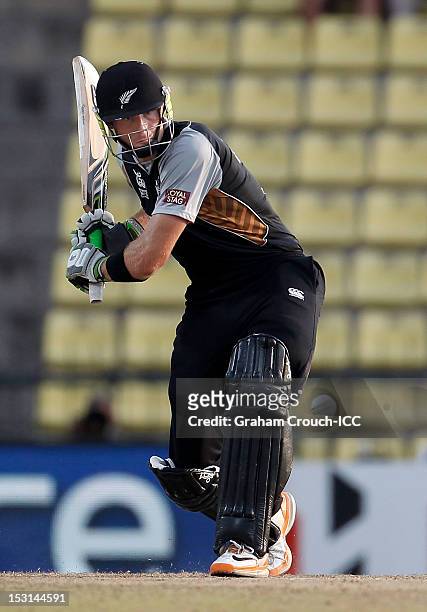 Martin Guptill of New Zealand bats during the Super Eights Group 1 match between New Zealand and West Indies at Pallekele Cricket Stadium on October...