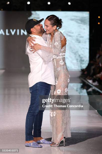Designer Alvin Valley and Almendra Parraguez walk the runway for Alvin Valley during Miami Swim Week The Shows at SLS South Beach on July 09, 2023 in...