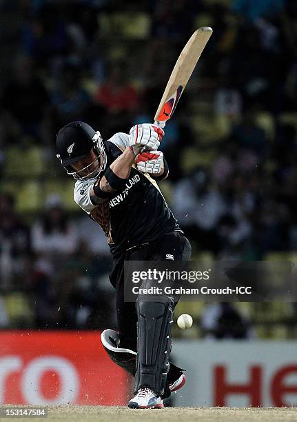 Brendon McCullum of New Zealand bats during the Super Over in the Super Eights Group 1 match between New Zealand and West Indies at Pallekele Cricket...