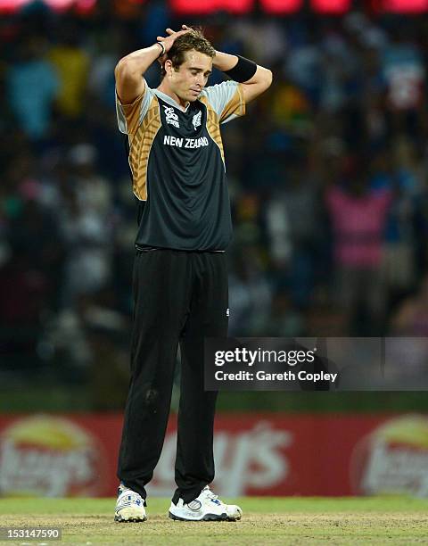 Tim Southee of New Zealand reacts after losing the superover during the ICC World Twenty20 2012 Super Eights Group 1 match between the West Indies...