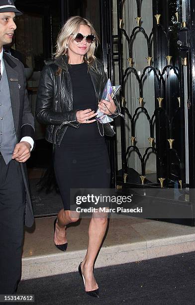 Model Kate Moss is seen leaving the 'Four Seasons George V' hotel on October 1, 2012 in Paris, France.