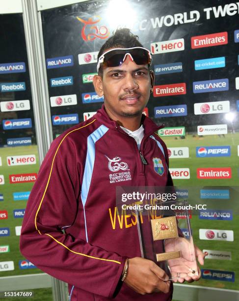 Sunil Narine of West Indies, Man of the Match in the Super Eights Group 1 match between New Zealand and West Indies at Pallekele Cricket Stadium on...