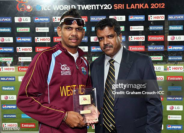 Sunil Narine of West Indies, Man of the Match in the Super Eights Group 1 match between New Zealand and West Indies at Pallekele Cricket Stadium on...