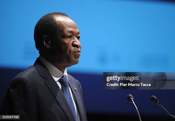 Blaise Compaore President of Burkina Faso speaks during the Forum of International Cooperation at Piccolo Teatro Strehler on October 1, 2012 in...