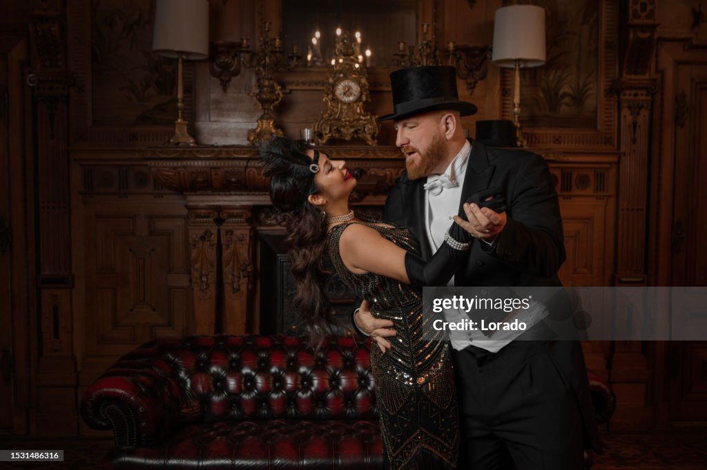 A woman and 1920s style gentlemen in a luxury brown bar