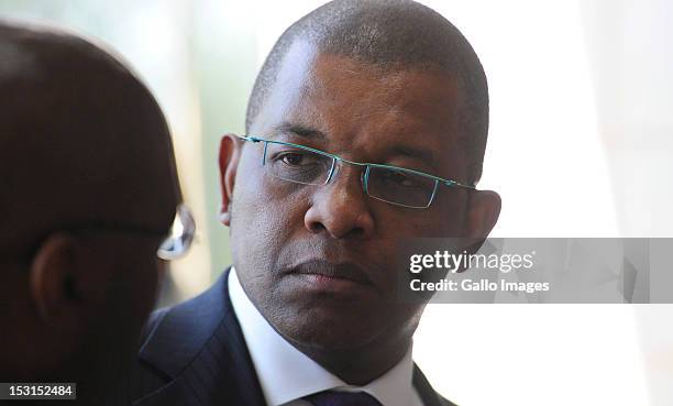 Advocate Dali Mpofu attends the Marikana commission inquiry into the violence at near the Lonmin Platinum Mine on October 1, 2012 in Rustenburg,...