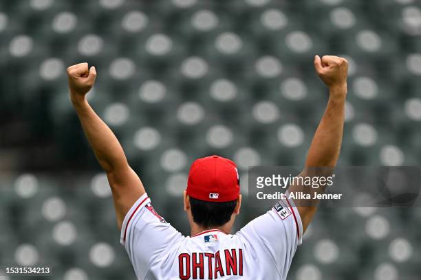 Shohei Ohtani of the Los Angeles Angels warms up during Gatorade All-Star Workout Day at T-Mobile Park on July 10, 2023 in Seattle, Washington.