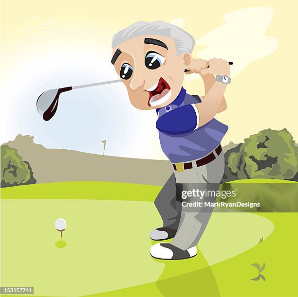 senior golfing - swinging golf club stock illustrations