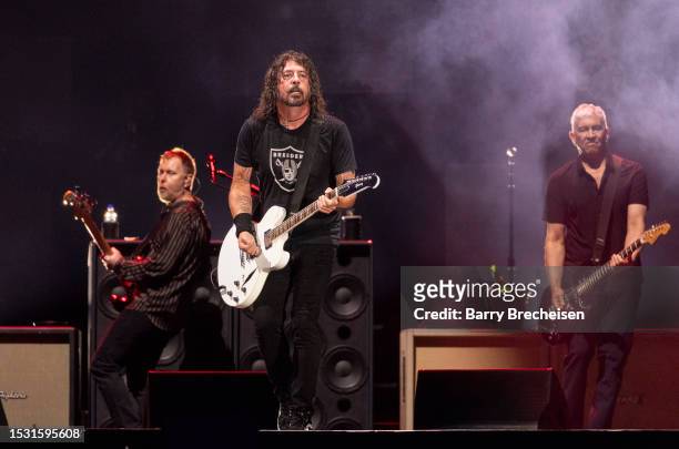 Nate Mendel, Dave Grohl and Pat Smear of the Foo Fighters perform on day 3 of Festival d'été de Québec on July 08, 2023 in Quebec City, Quebec.