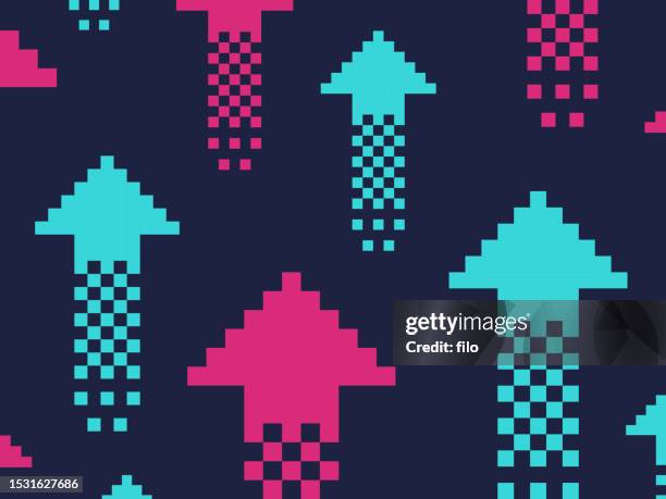 videospiel-retro-pixelpfeil, der sich nach oben bewegt abstrakter hintergrund - videospielhalle stock-grafiken, -clipart, -cartoons und -symbole