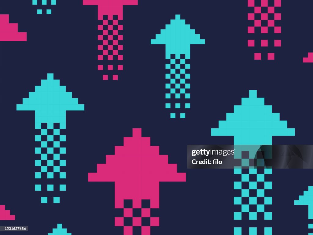 Flecha de píxeles retro del videojuego Moving Up Fondo abstracto