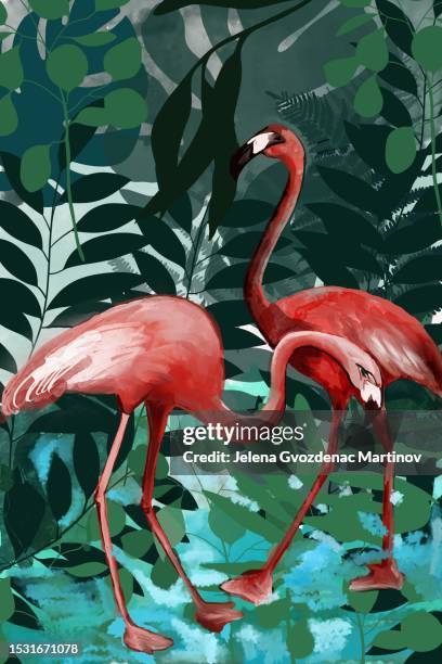 illustration of red flamingos in ambient of big leaves of the jungle - greater flamingo stock illustrations
