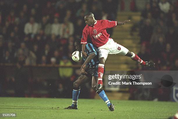 Richard Rufus of Charlton goes up to win the header against Paul Furlong of Birmingham during the nationwide division one match between Charlton and...