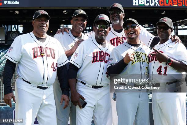 Former Major League Player Ken Griffey Sr. #45 poses with other coaches prior to the HBCU Swingman Classic at T-Mobile Park on July 07, 2023 in...
