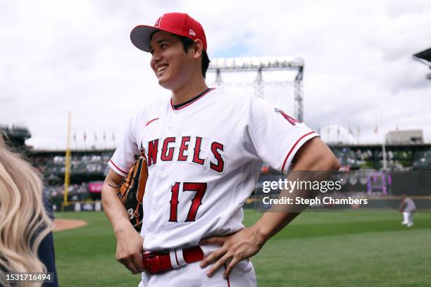 Shohei Ohtani of the Los Angeles Angels looks on during Gatorade All-Star Workout Day at T-Mobile Park on July 10, 2023 in Seattle, Washington.