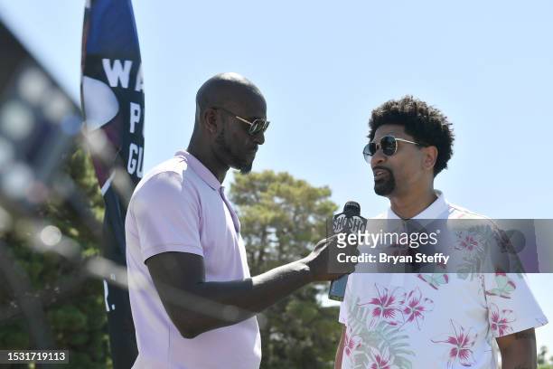 Former professional basketball player Kevin Garnett and former professional basketball playe and sports analyst Jalen Rose attend the 2023 NBPA...