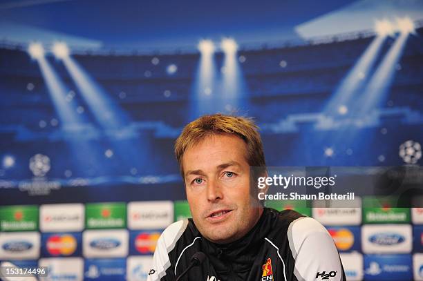 Nordsjaelland coach Kasper Hijulmand talks to the media during a press conference at Parken Stadium on October 1, 2012 in Copenhagen, Denmark.