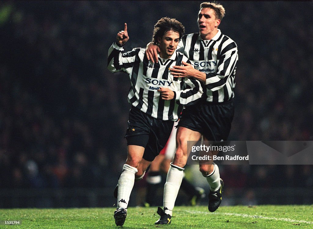 Alessandro Del Piero of Juventus (left) is congratualted by teammate Alen Boksic