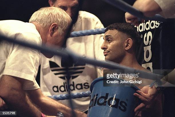 Brendan Ingle the trainer of Prince Naseen Hamed gives his man some advice during the Naseem Hamed v Remigio Molina World title fight at the Nynex...