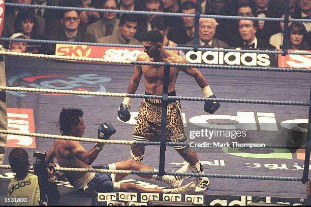 End of the Line for Remigio Molina of Argentina , after a furious combination from Prince Naseem Hamed leaves the Argentinian on the Canvas. During...