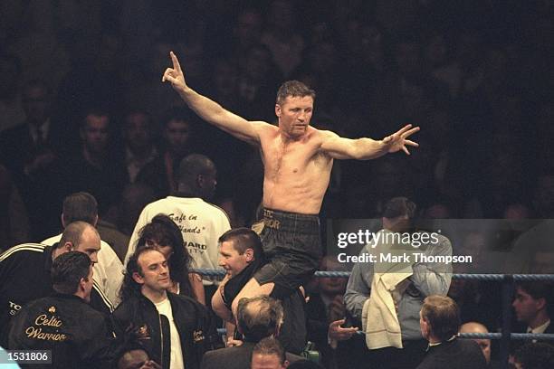 Steve Collins of Ireland takes the plaudits from the crowd after defeating Nigel Benn during the Benn v Collins rematch at the Nynex Arena,...