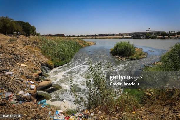 View of the Tigris River severely polluted due to chemicals, waste, and discharge of sewage water in Baghdad, Iraq on July 04, 2023. Toxic waste...