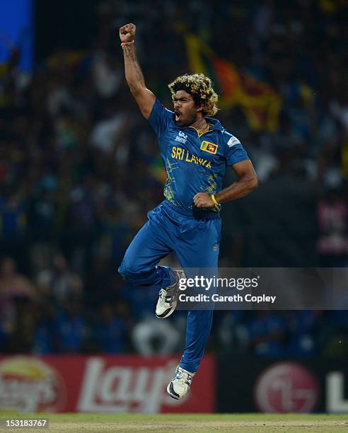 Lasith Malinga of Sri Lanka celebrates dismissing Alex Hales of England during the ICC World Twenty20 2012 Super Eights Group 1 match between Sri...