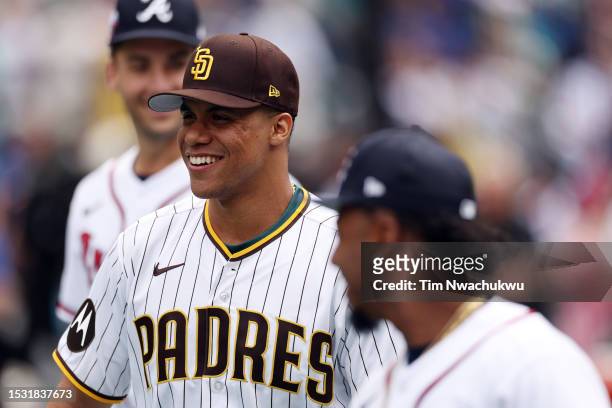Juan Soto of the San Diego Padres reacts during Gatorade All-Star Workout Day at T-Mobile Park on July 10, 2023 in Seattle, Washington.