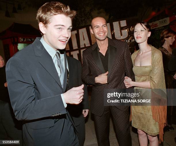 Stars of the movie "Titanic" Leonardo DiCaprio and Billy Zane arrive at the movie's premier in Hollywood, California on the 14 December. Zane is...
