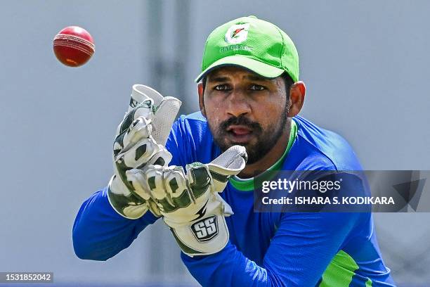 Pakistan's wicketkeeper Sarfaraz Ahmed attends a practice session at the Galle International Cricket Stadium in Galle on July 14 ahead of their first...