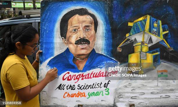 Student makes a painting congratulating Sreedhara Panicker Somnath, Chairman of Indian Space Research Organisation for the launch of Chandrayaan-3...