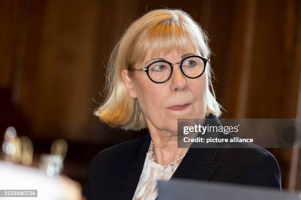 July 2023, North Rhine-Westphalia, Essen: Ursula Gather, Chairwoman of the Board of Trustees, at the press conference of the Alfried Krupp von Bohlen...