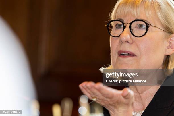 July 2023, North Rhine-Westphalia, Essen: Ursula Gather, Chairwoman of the Board of Trustees, at the press conference of the Alfried Krupp von Bohlen...