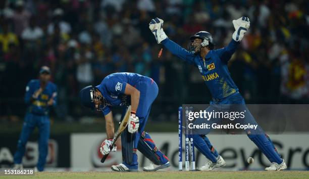 Sri Lanka wicketkeeper Kumar Sangakkara celebrates after Ravi Bopara of England is bowled by Jeevan Mendis during the ICC World Twenty20 2012 Super...