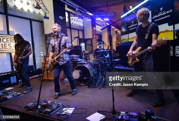 Ben Carey, Jason Wade, Rick Woolstenhulme, Jr. And Bryce Soderberg of the band Lifehouse perform at the MLB Fan Cave on October 1, 2012 in New York...